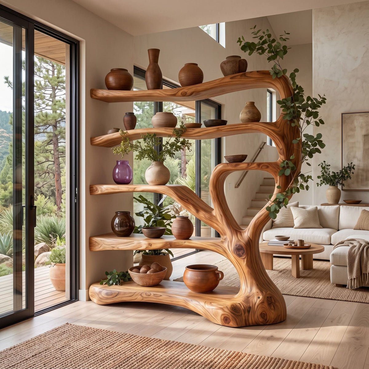 Organic solid wood freestanding display shelf styled as a partition in an open-concept living room