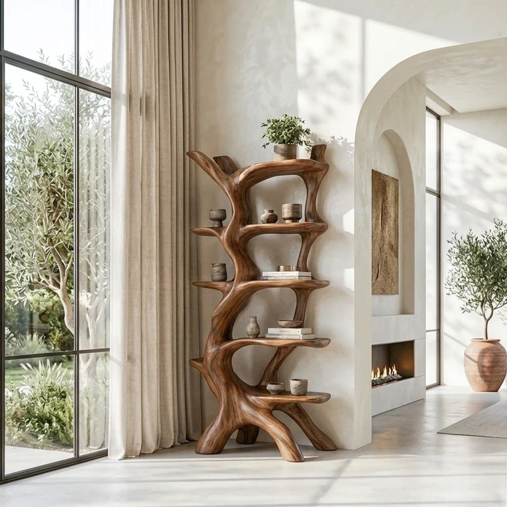 Freestanding tree branch bookshelf hand sculpted from solid wood