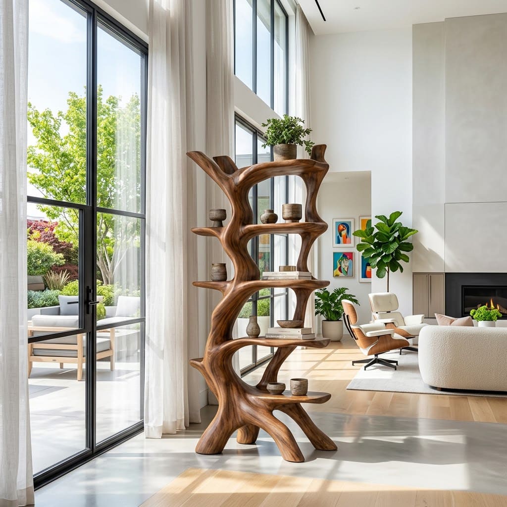 Hand sculpted wooden corner bookshelf displaying books and decorative objects