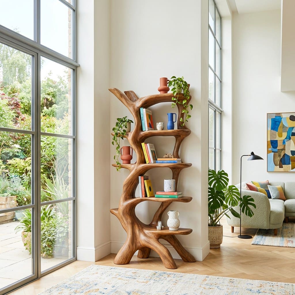 Freestanding solid wood tree branch bookshelf styled in a living room corner