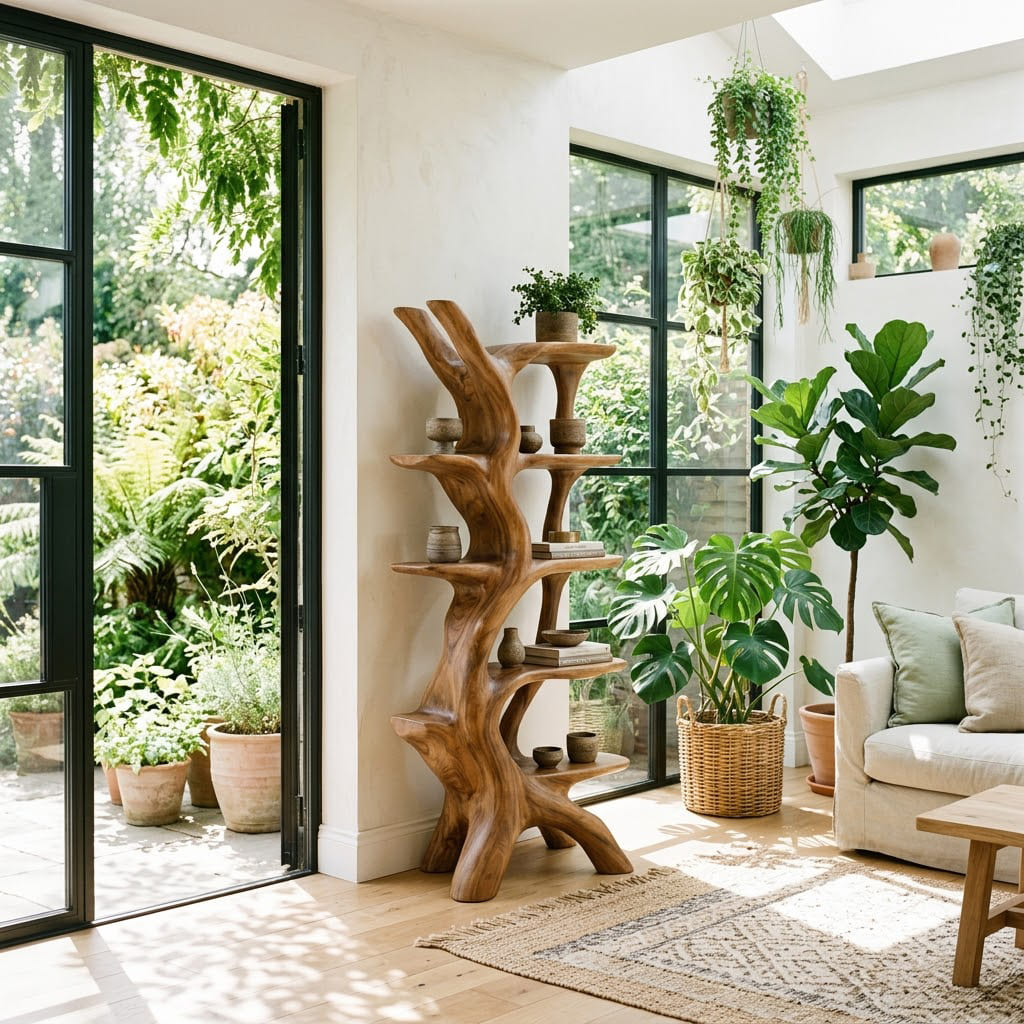 Organic tree-inspired bookcase showcased in a modern home interior
