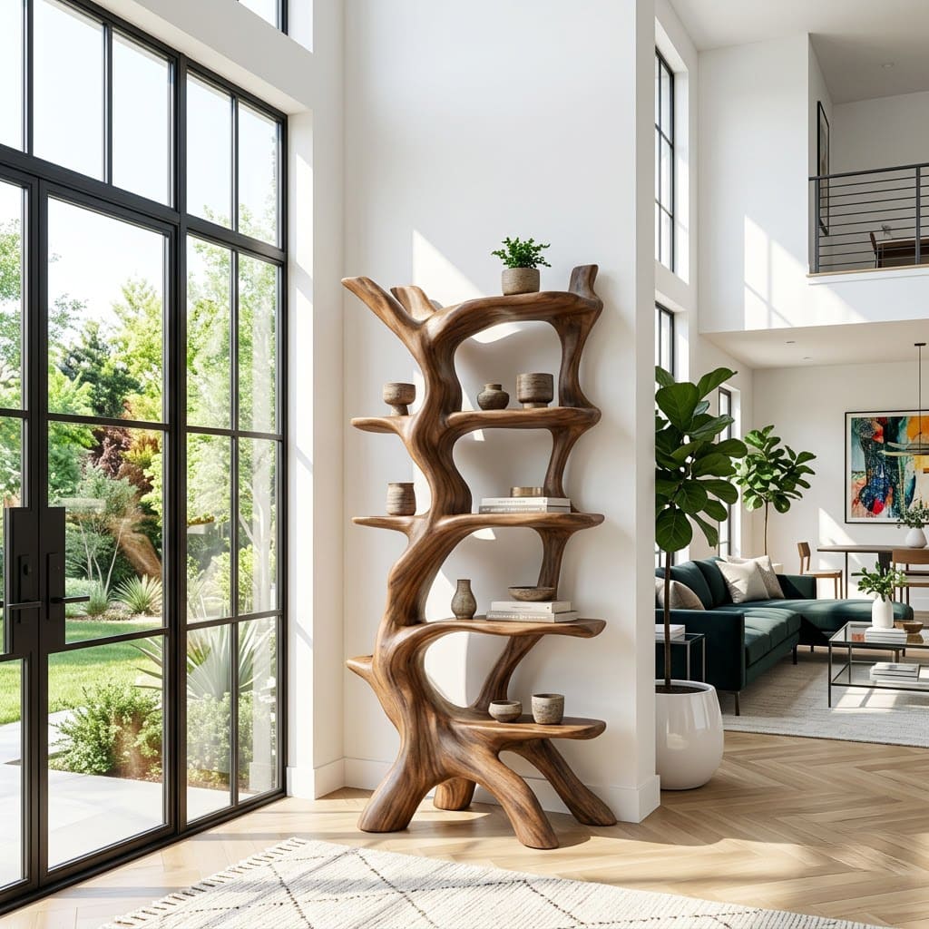 Sculptural wooden corner display tower featuring tiered branch-like shelves