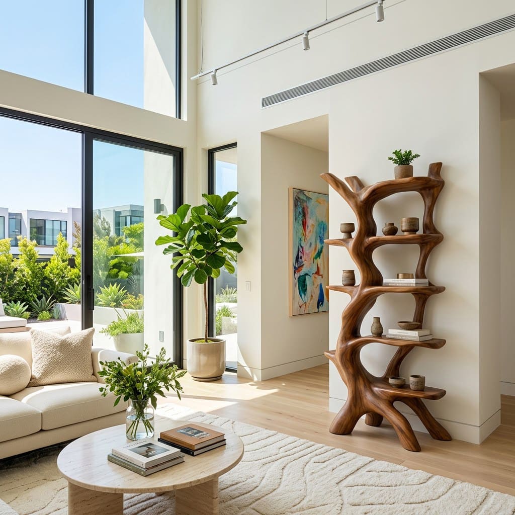 Handcrafted tree branch bookcase styled in a minimalist living room