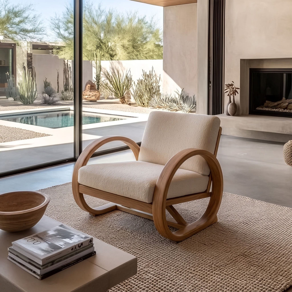 A modern outdoor lounge chair with a curved wooden frame and cream-colored cushions, positioned on a woven rug in a contemporary patio living space with a pool and fireplace visible in the background.