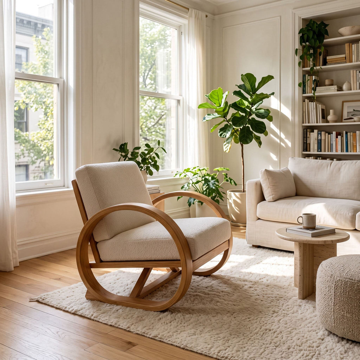 A modern wooden rocking chair with cream upholstered seat and back, placed in a bright, sunlit living room with a sofa, rug, plants, and bookshelves.