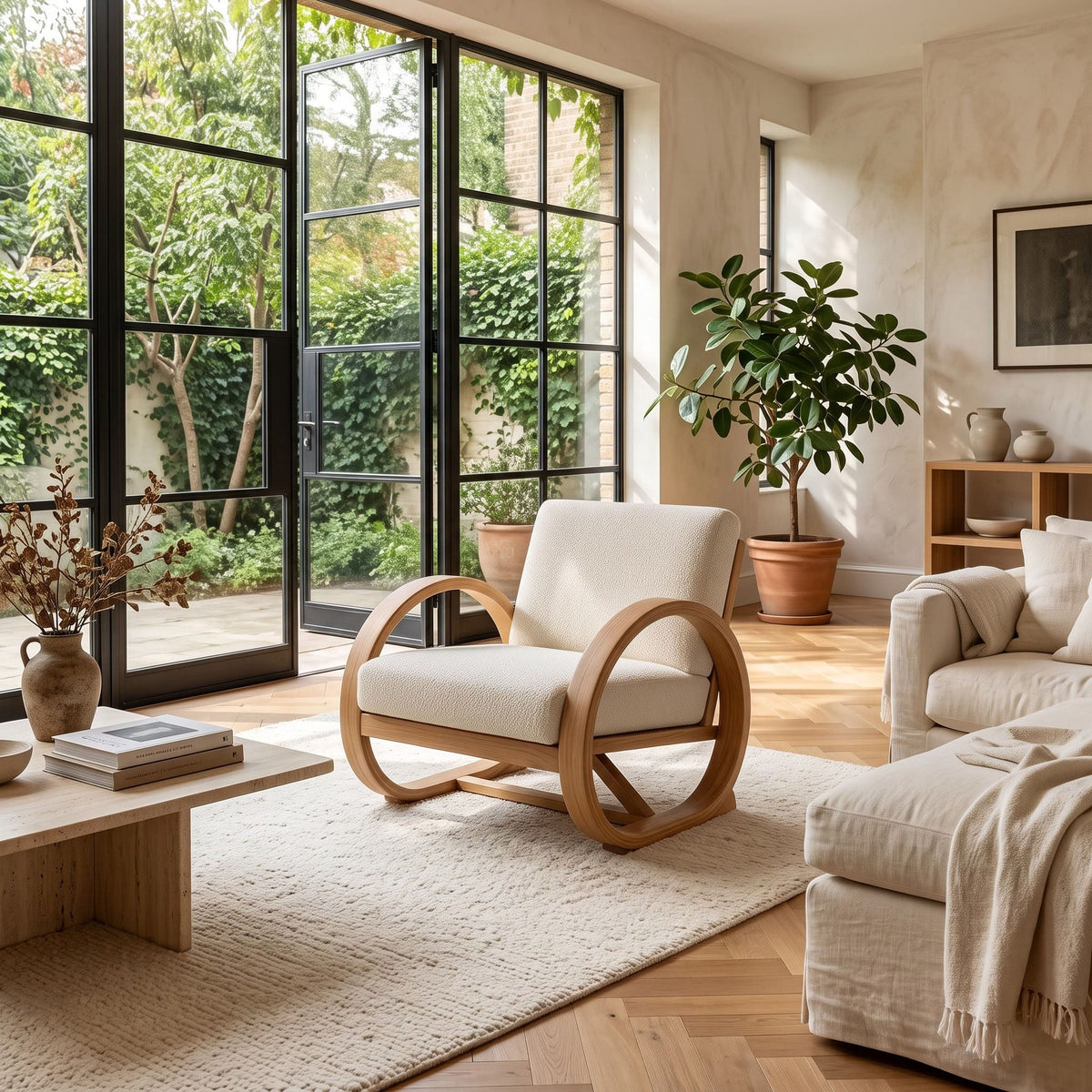 Geometric Timber Accent Armchair Frame Sculpted Circular Loop Armrests with Cantilevered Base