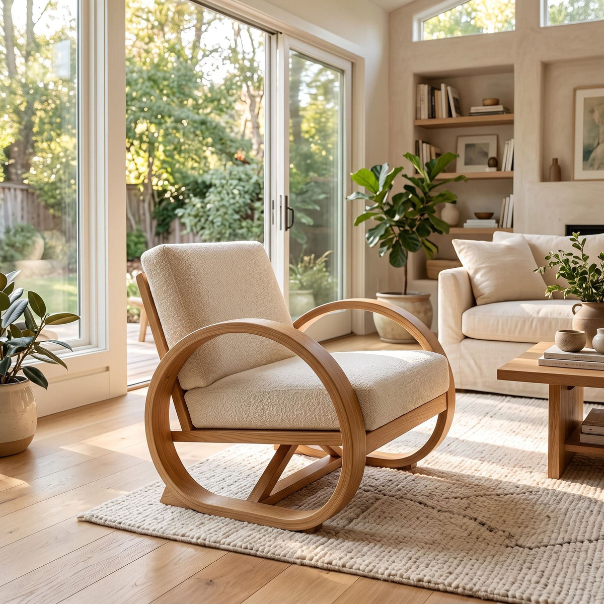 A modern wooden rocking chair with a curved natural oak frame and cream bouclé upholstery, styled in a bright, sunlit living room next to a matching sofa and coffee table.