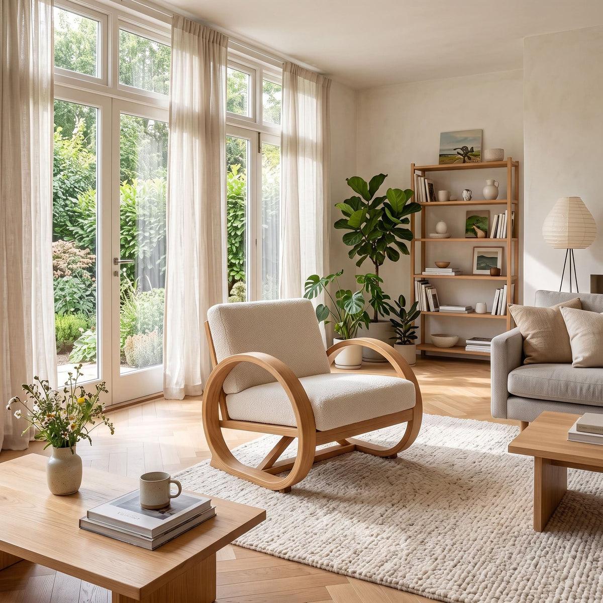 A modern wooden rocking chair with a cream upholstered seat and back, styled in a bright, sunlit living room with large windows, a sofa, a bookshelf, and plants.