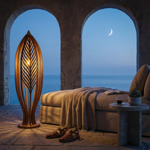 Feather Cathedral Driftwood Floor Lamp with Leaf Veins Glow