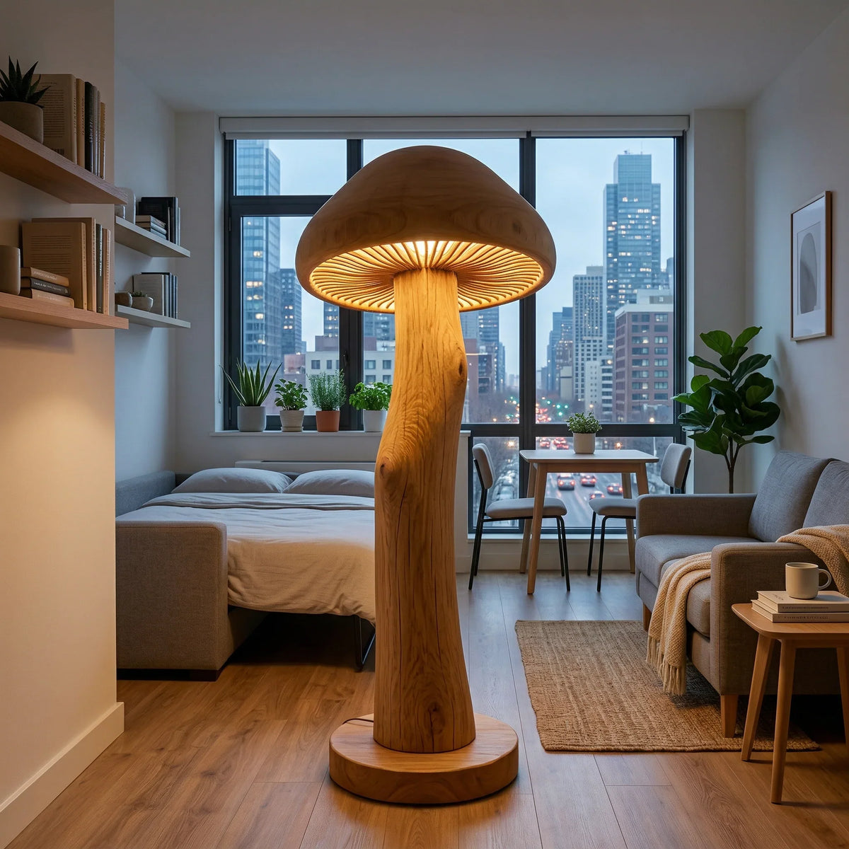 Giant mushroom floor lamp with natural wood trunk and glowing gills in modern apartment