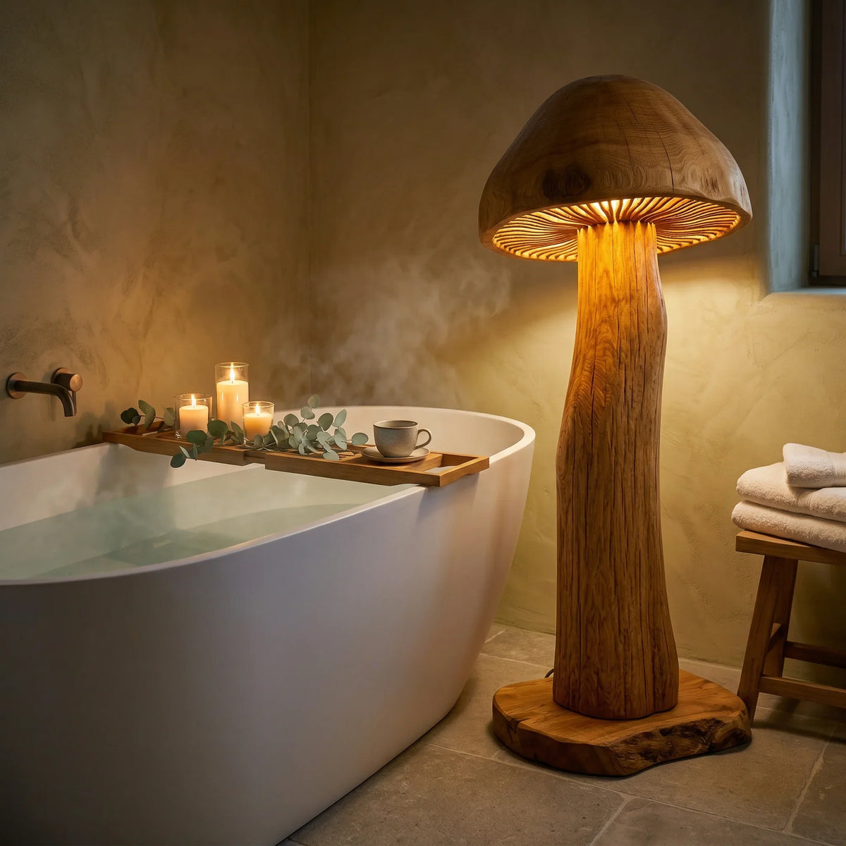 Giant mushroom floor lamp with wood trunk and glowing gills beside modern bathtub