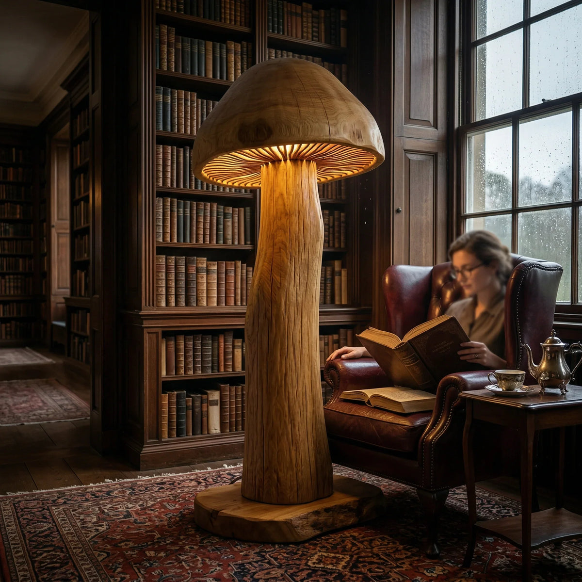 Large mushroom-shaped wooden floor lamp with glowing gills in a cozy library setting.