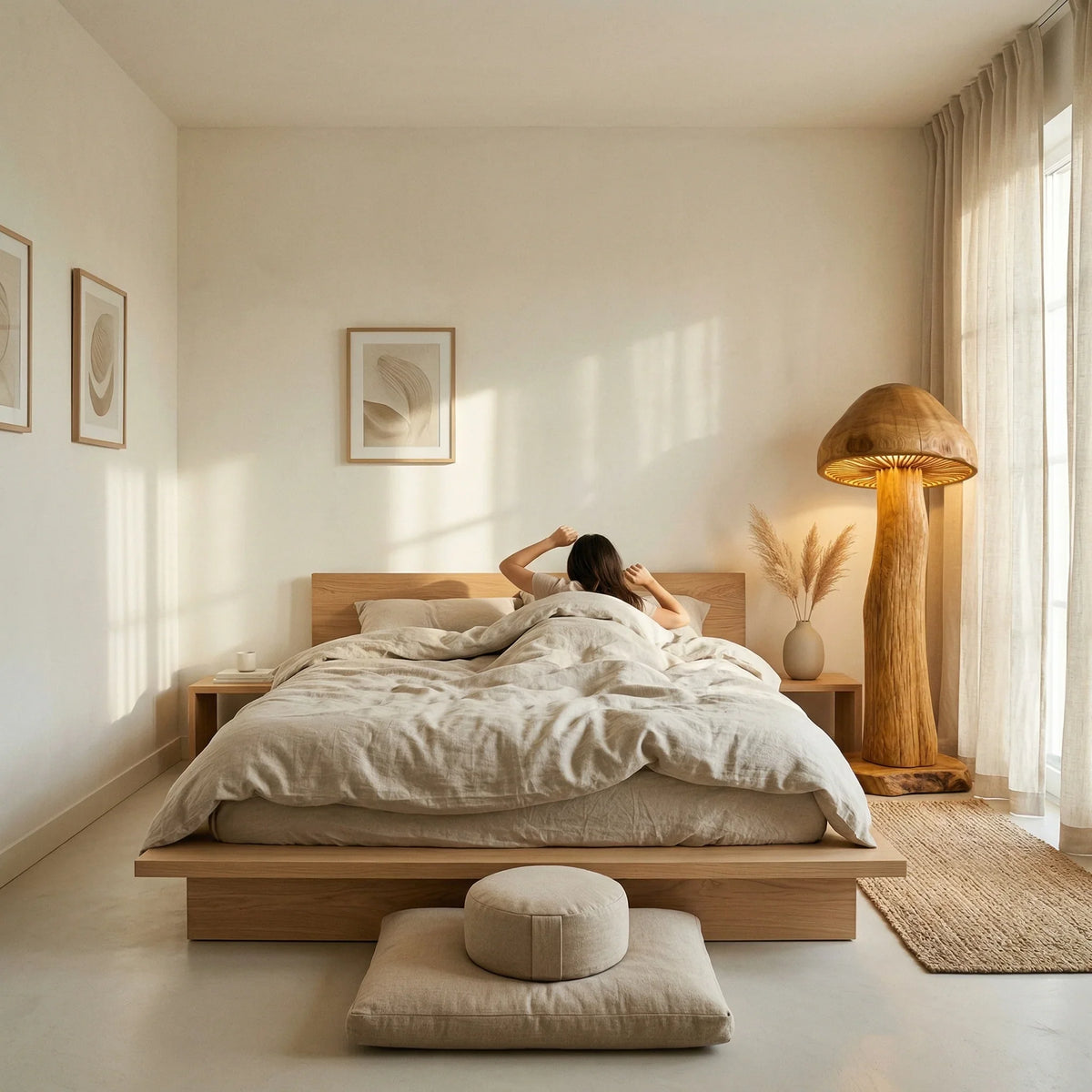 Giant mushroom floor lamp with wooden trunk in a cozy minimalist bedroom