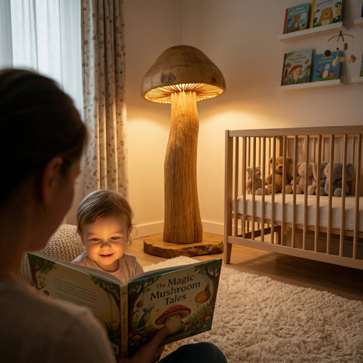 Giant mushroom floor lamp with natural wood trunk glowing in cozy nursery with crib and books