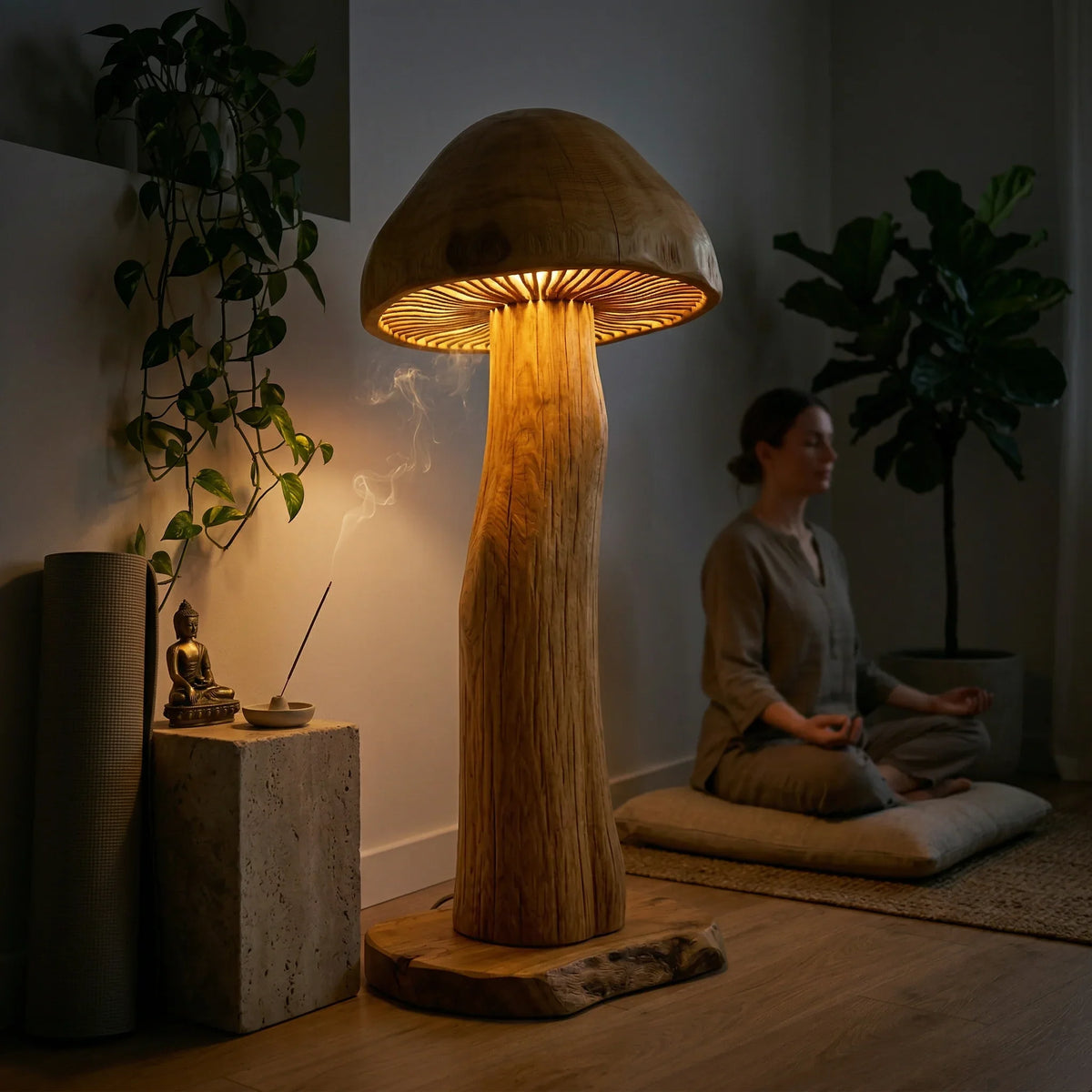 Large mushroom floor lamp with wood trunk and glowing gills in a cozy meditation room