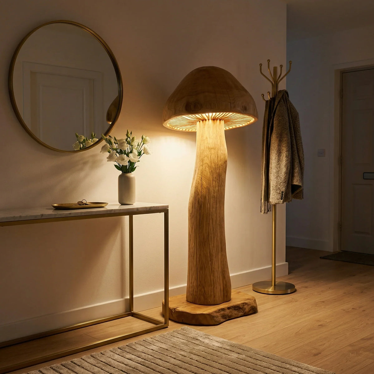 Giant mushroom floor lamp with solid wood trunk in modern entryway, warm ambient lighting