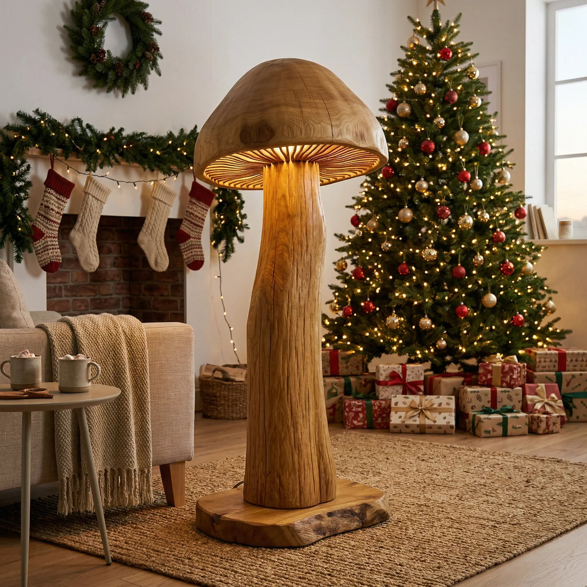 Large wood mushroom floor lamp with glowing gills in cozy holiday living room setting