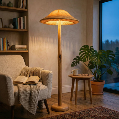 Translucent Parasol Mushroom Floor Lamp on Stripped Log Stem