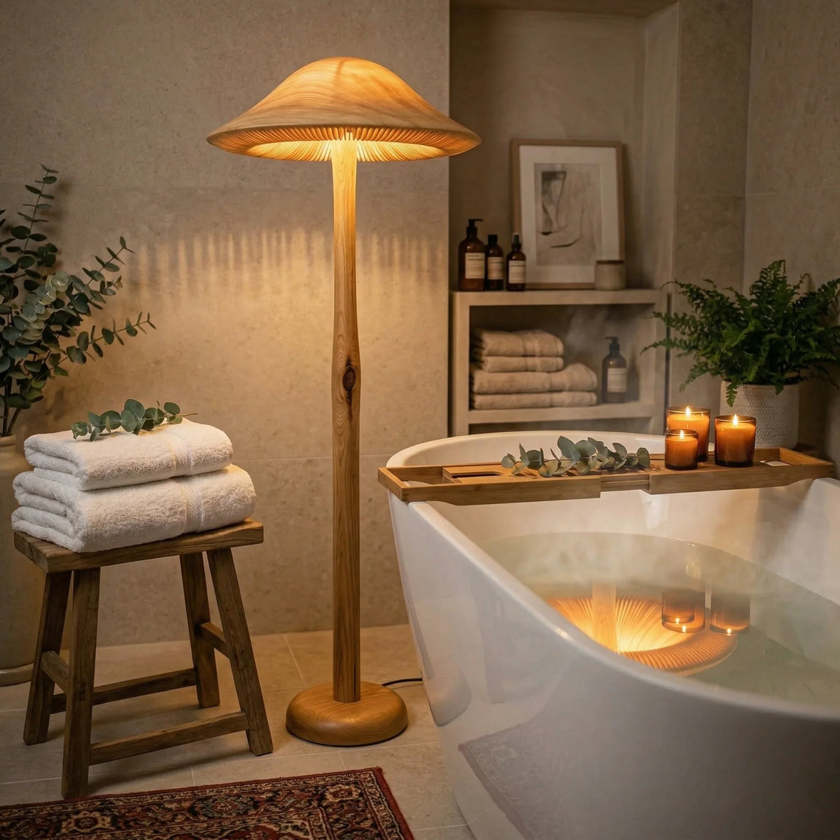 Golden mushroom floor lamp with wood base in a cozy bathroom, near tub and candles.