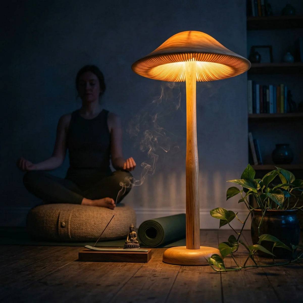Golden translucent mushroom floor lamp with wood base, meditation setting, indoor plant