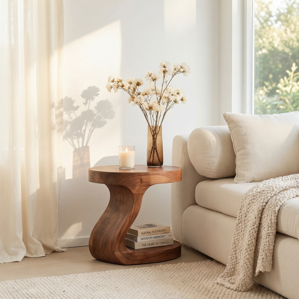 Modern solid wood sculptural end table beside a living room sofa