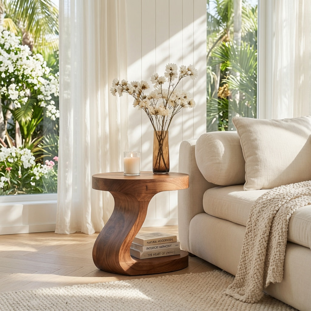Contemporary wooden S-curve side table in a minimalist living room