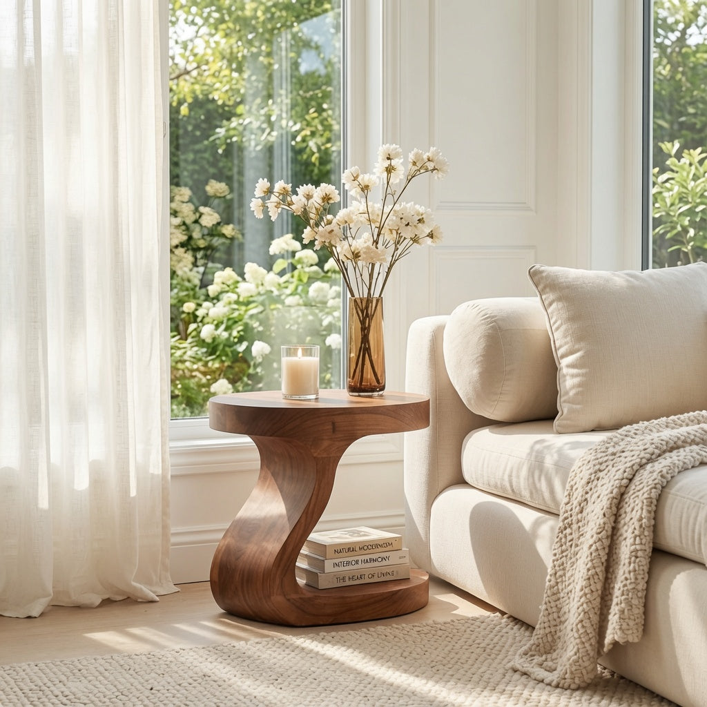Contemporary wooden accent table in an elegant apartment interior