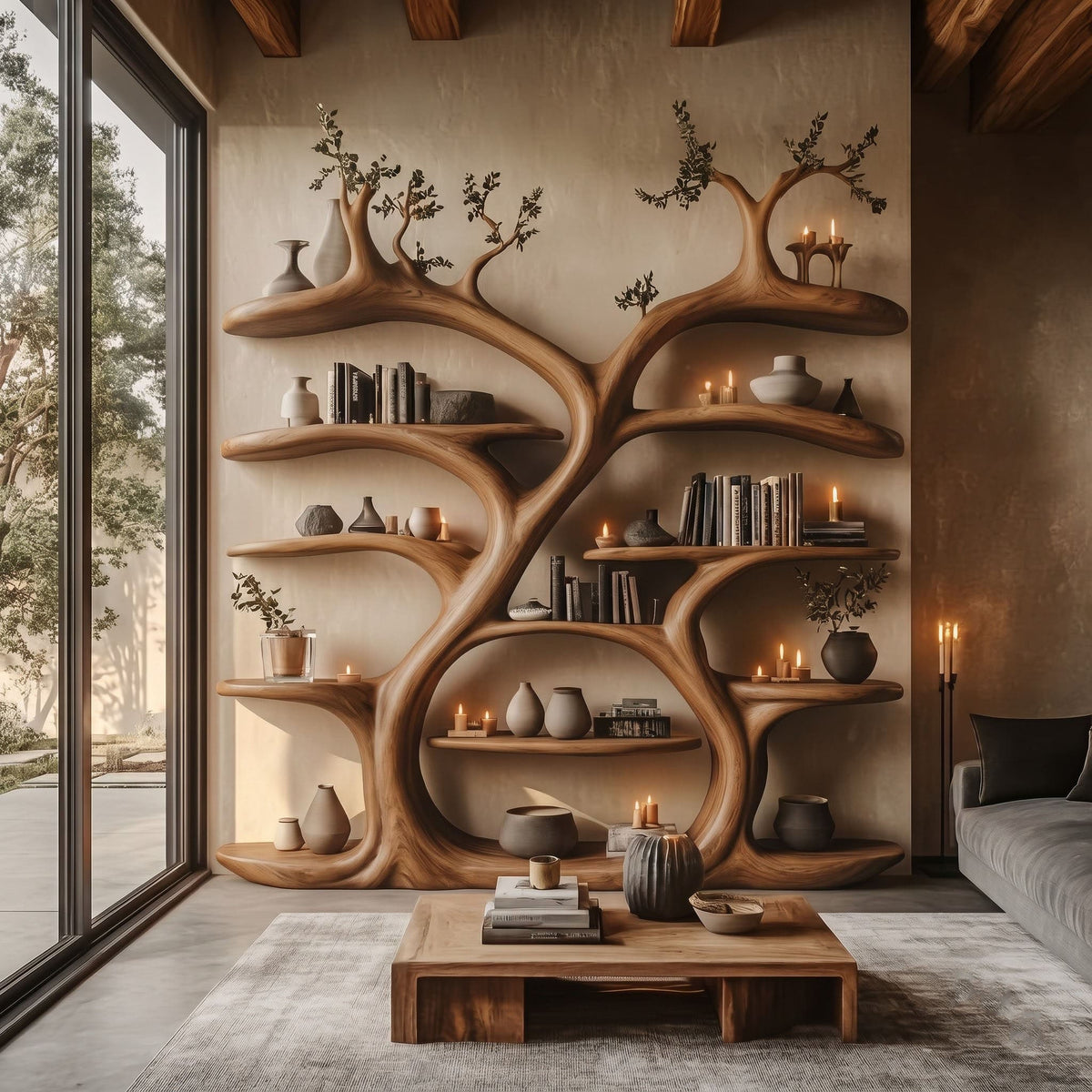 Grand Canopy Timber Bookshelf Wall - Floor-to-Ceiling Sculptural Library