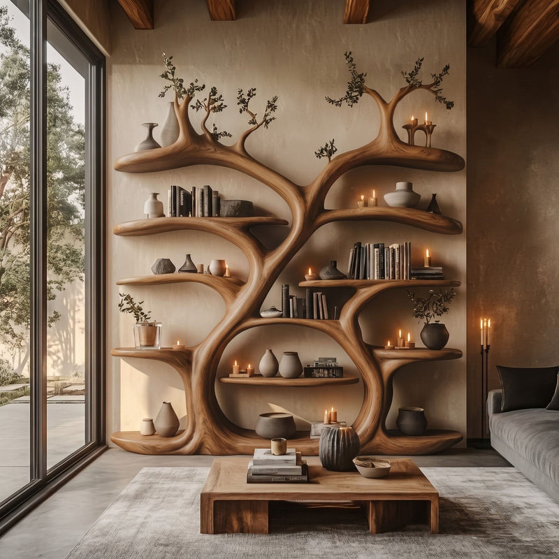 Grand Canopy Timber Bookshelf Wall - Floor-to-Ceiling Sculptural Library