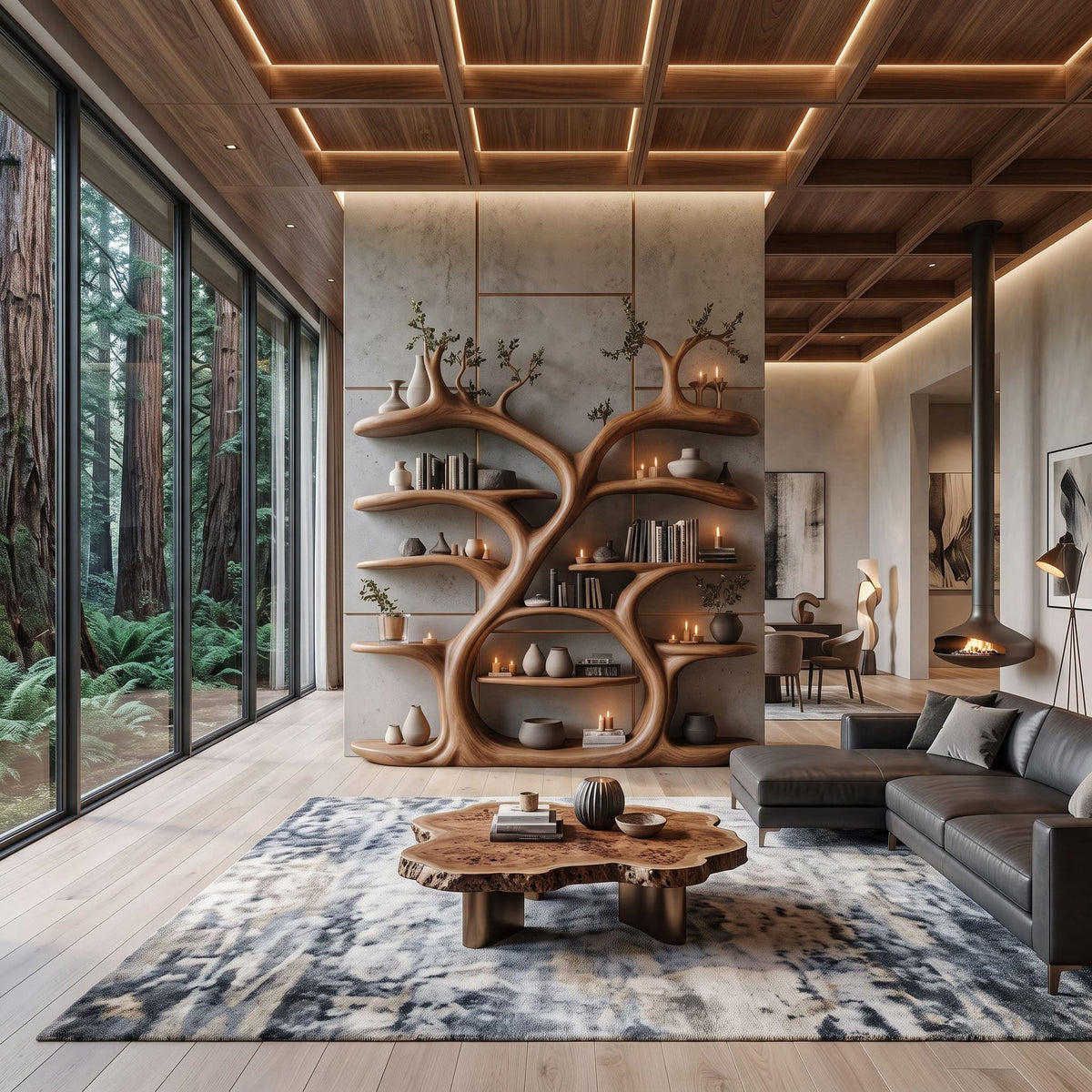 Grand Canopy Timber Bookshelf Wall - Floor-to-Ceiling Sculptural Library