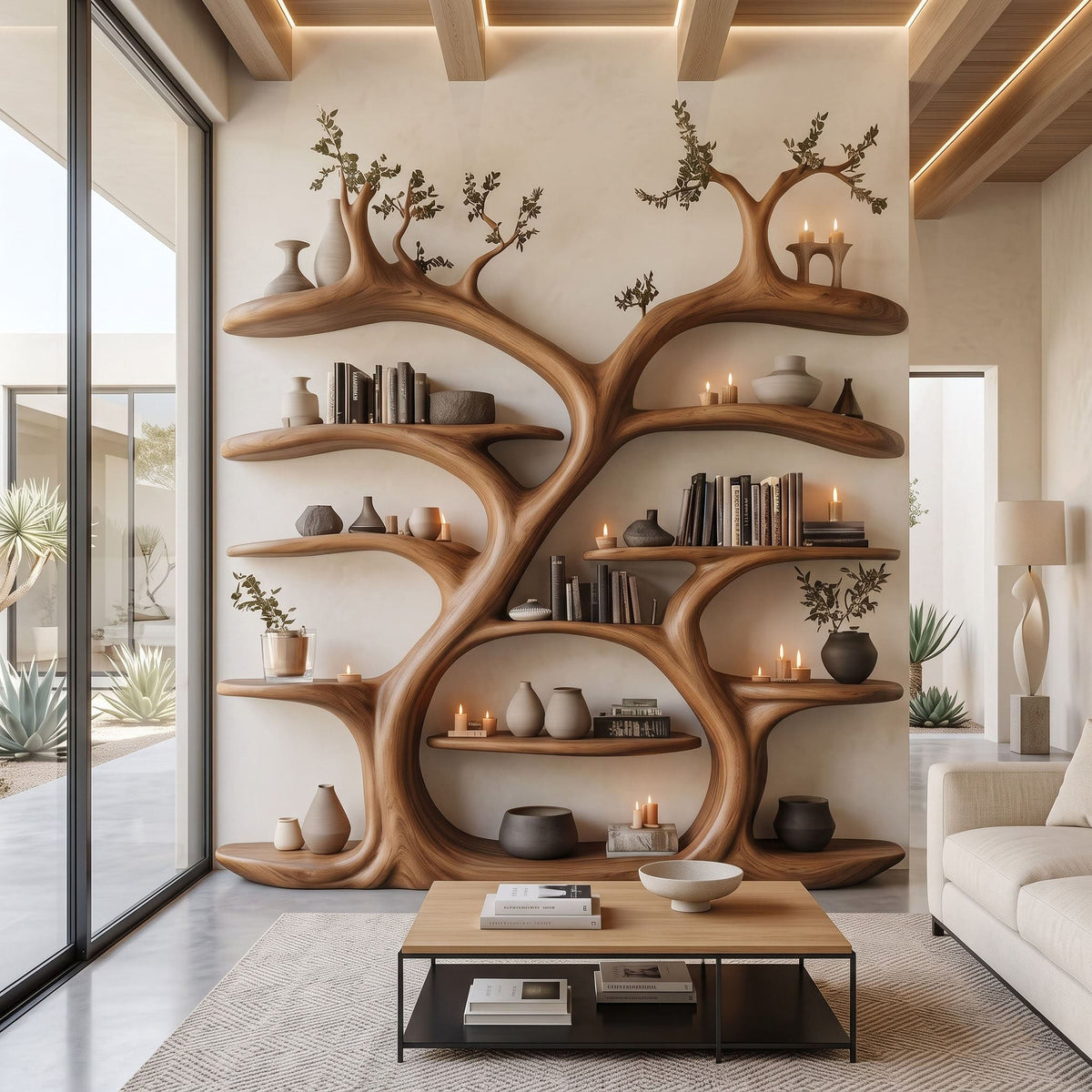 Grand Canopy Timber Bookshelf Wall - Floor-to-Ceiling Sculptural Library