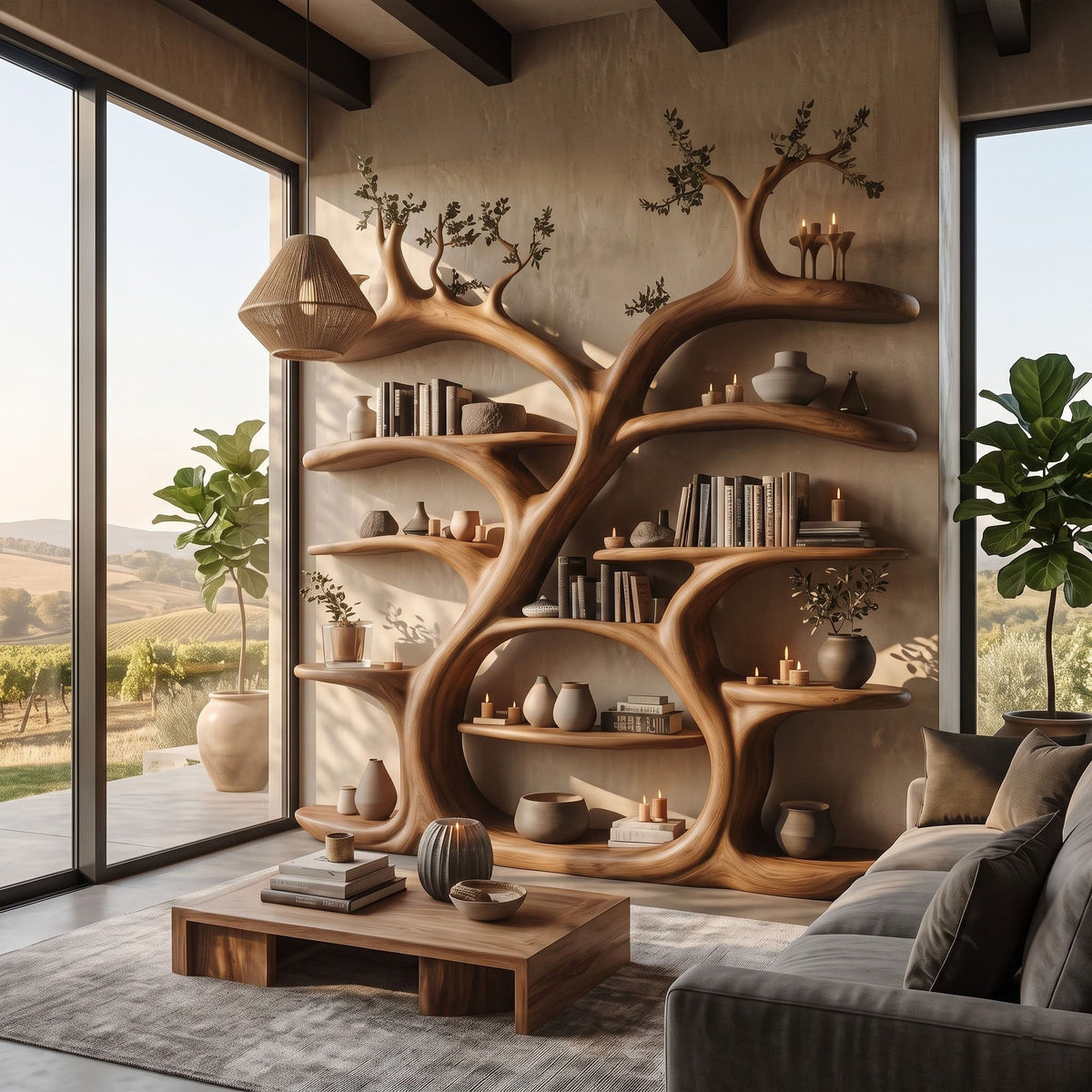 Grand Canopy Timber Bookshelf Wall - Floor-to-Ceiling Sculptural Library