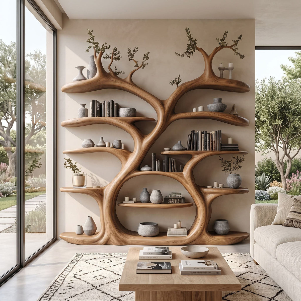 Grand Canopy Timber Bookshelf Wall - Floor-to-Ceiling Sculptural Library