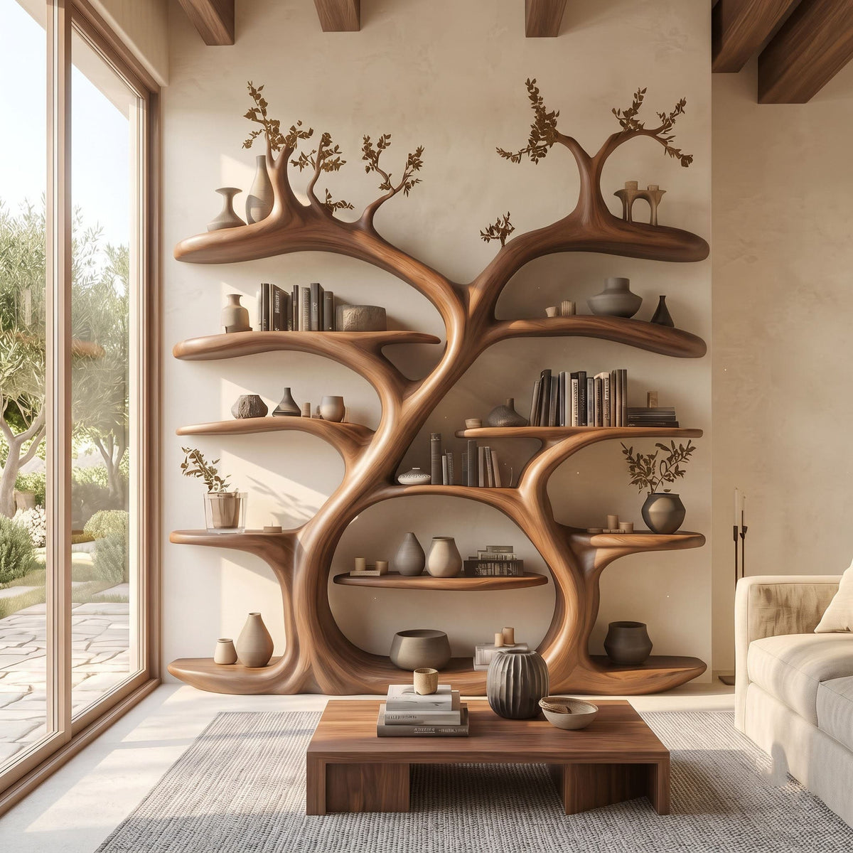 Grand Canopy Timber Bookshelf Wall - Floor-to-Ceiling Sculptural Library