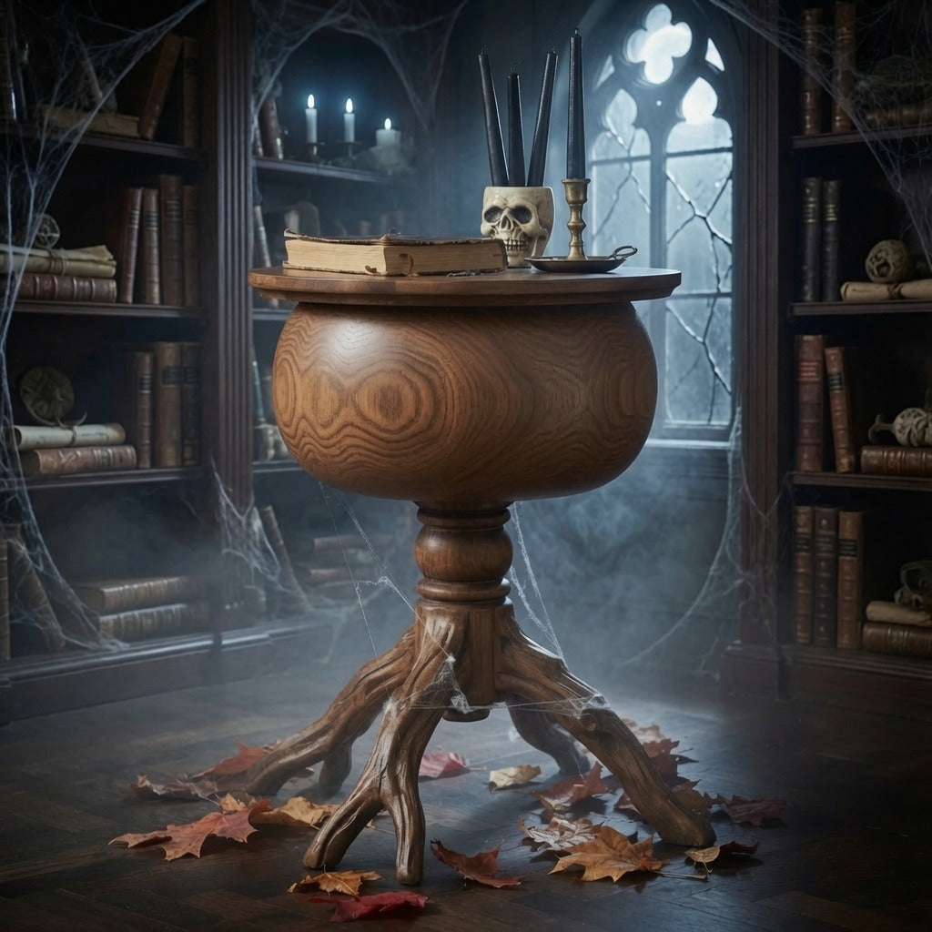 Sculptural hardwood accent table enhancing Halloween home décor