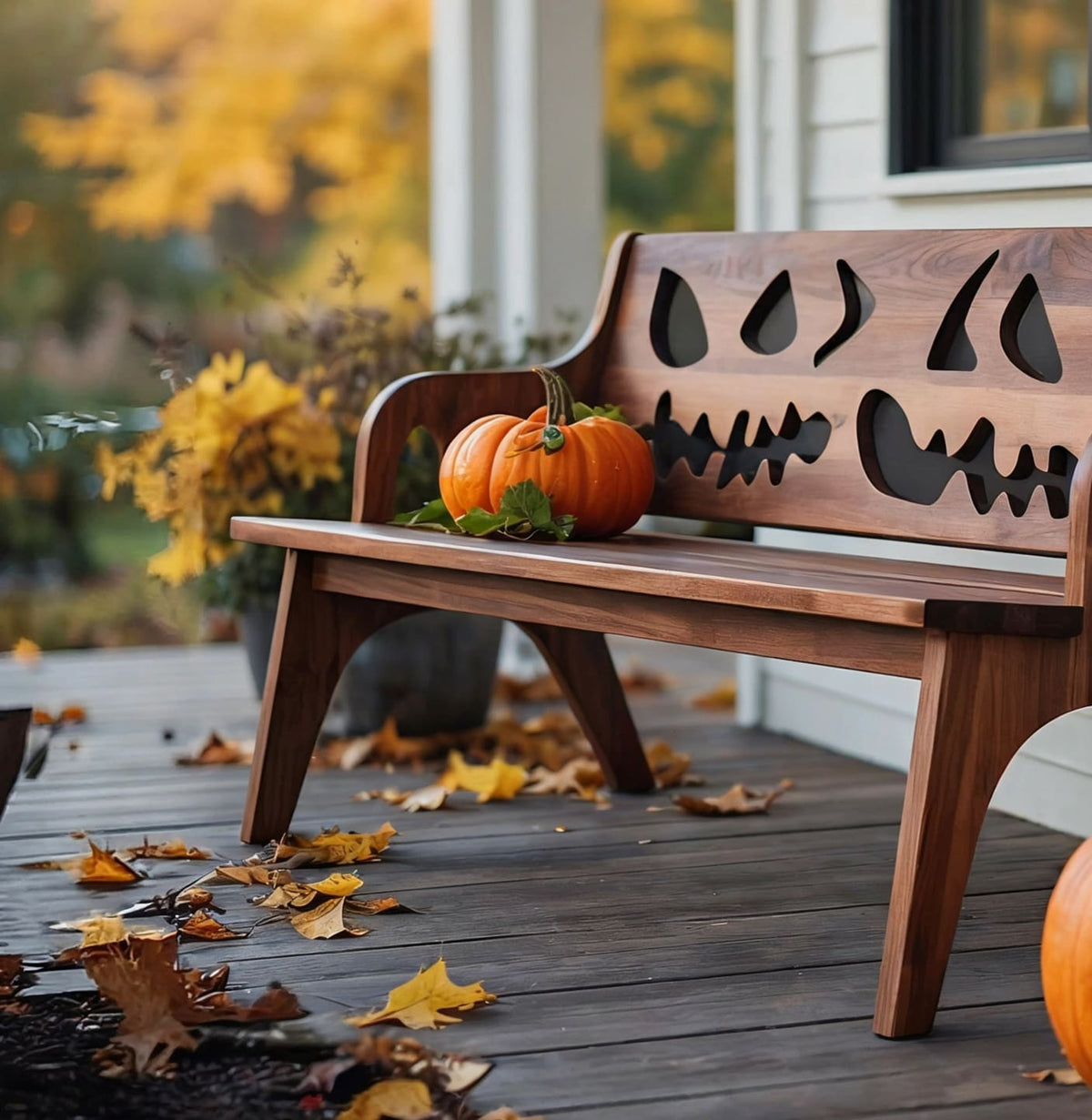 Artisan sculptural wooden bench with spooky pumpkin design