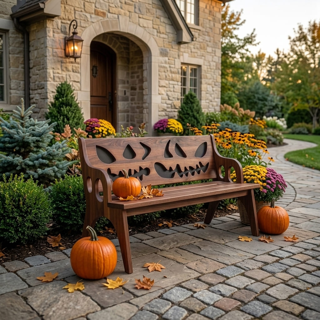 Organic wooden outdoor bench creating a spooky Halloween garden display