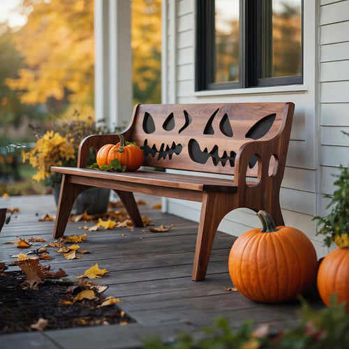 Halloween Jack-o'-Lantern Solid Wood Bench – Spooky Organic Outdoor Bench