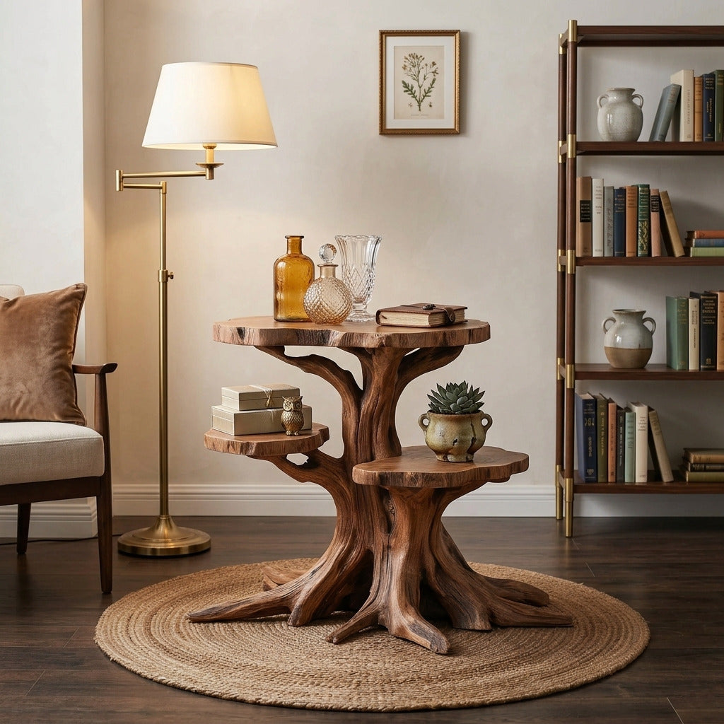 Halloween tree branch multi-tier solid wood end table in a cozy living room