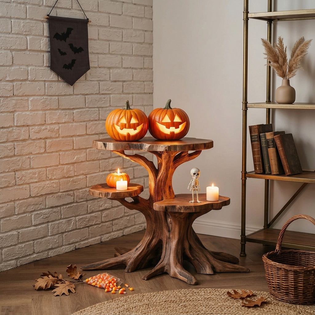 Sculptural tree branch end table beside a sofa with seasonal décor