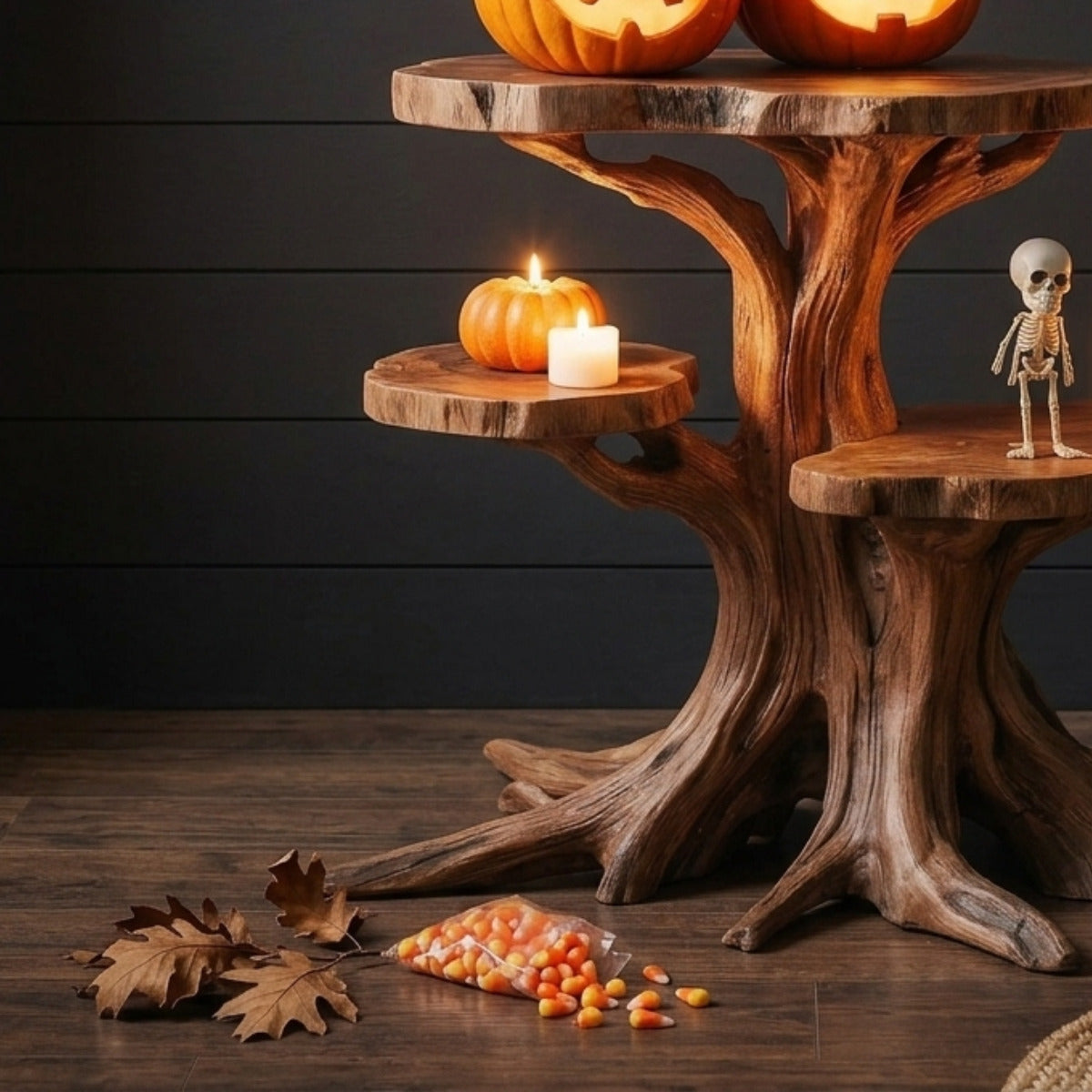 Rustic Halloween accent table with tree branch design