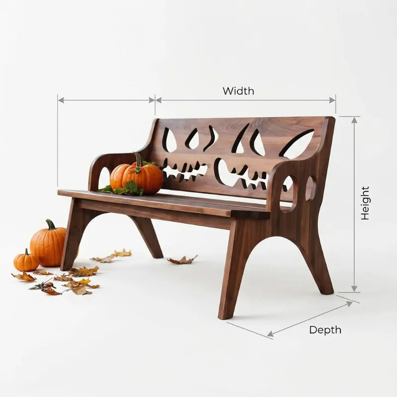 Halloween Jack-o'-Lantern Solid Wood Bench – Spooky Organic Outdoor Bench