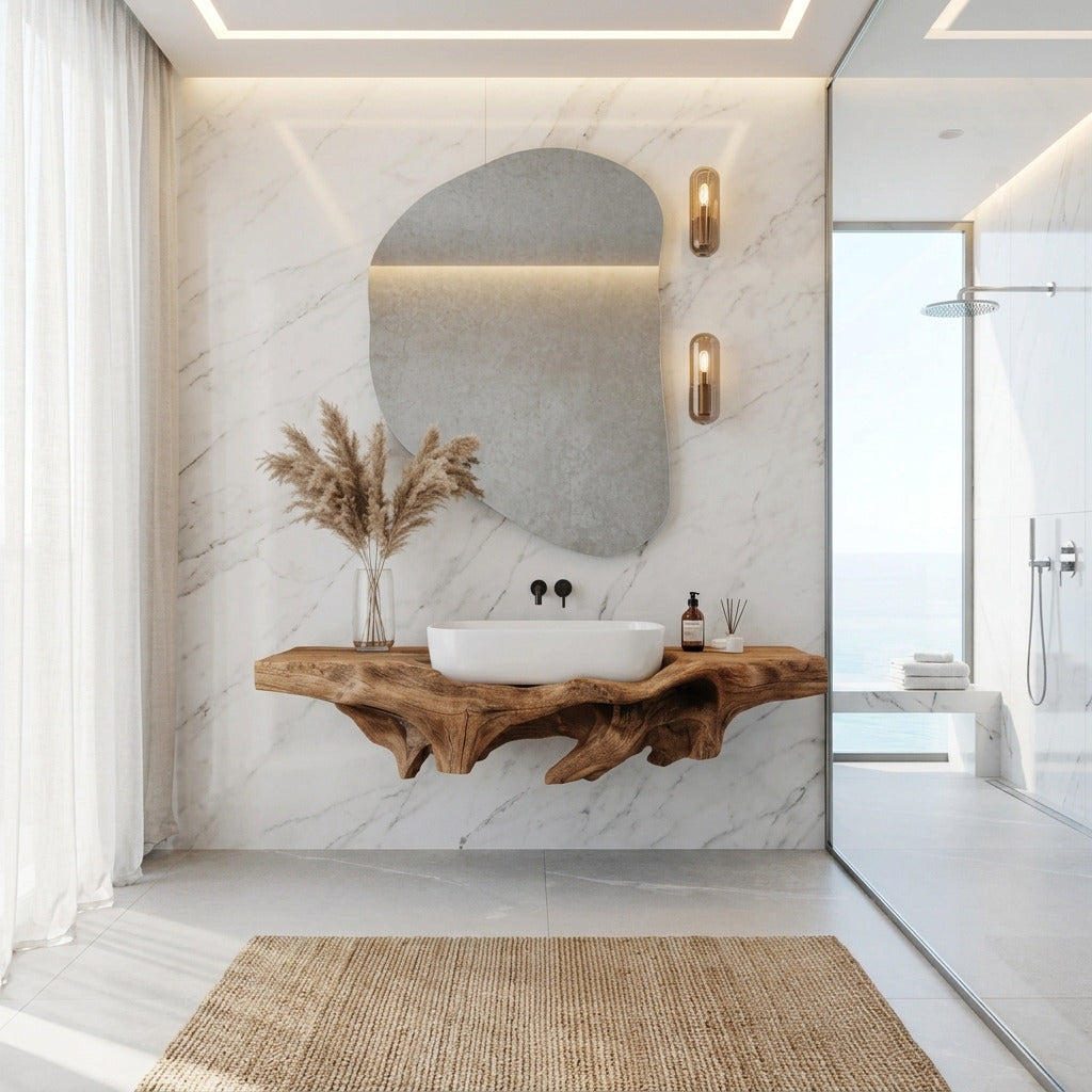 Hand-carved solid wood floating vanity in a modern bathroom