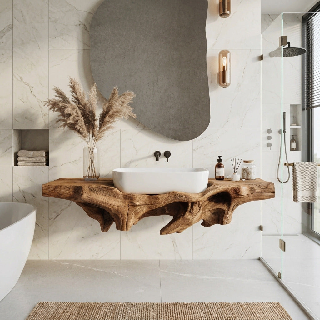 Modern solid wood floating vanity styled in a minimalist bathroom