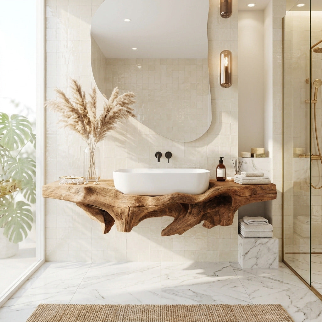 Sculptural solid wood floating vanity and shelf in a luxury home