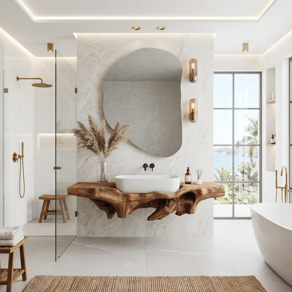 Sculptural solid wood floating console shelf in a contemporary interior