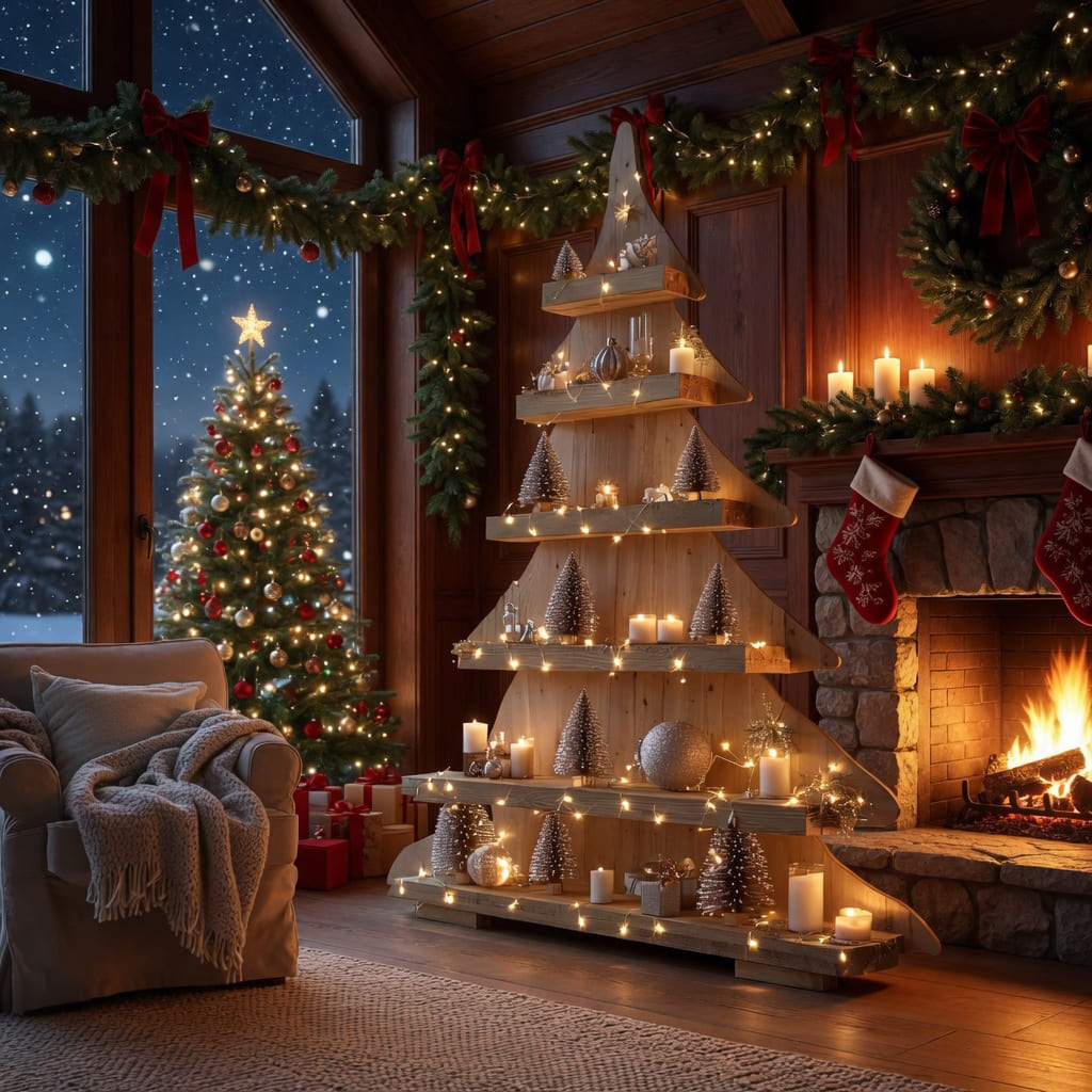 Hand-carved solid wood Christmas tree display shelf in a modern living room