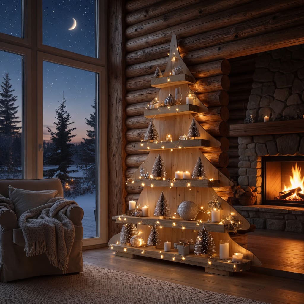 Modern Christmas tree bookshelf adding warmth to a minimalist living space