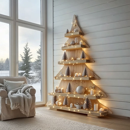 Hand-Carved Solid Wood Christmas Tree Display Shelf