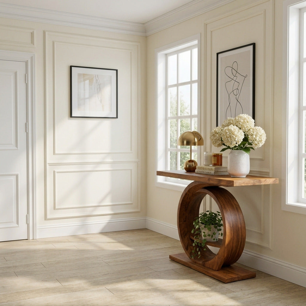 Hand-carved solid wood ring console table in a modern entryway